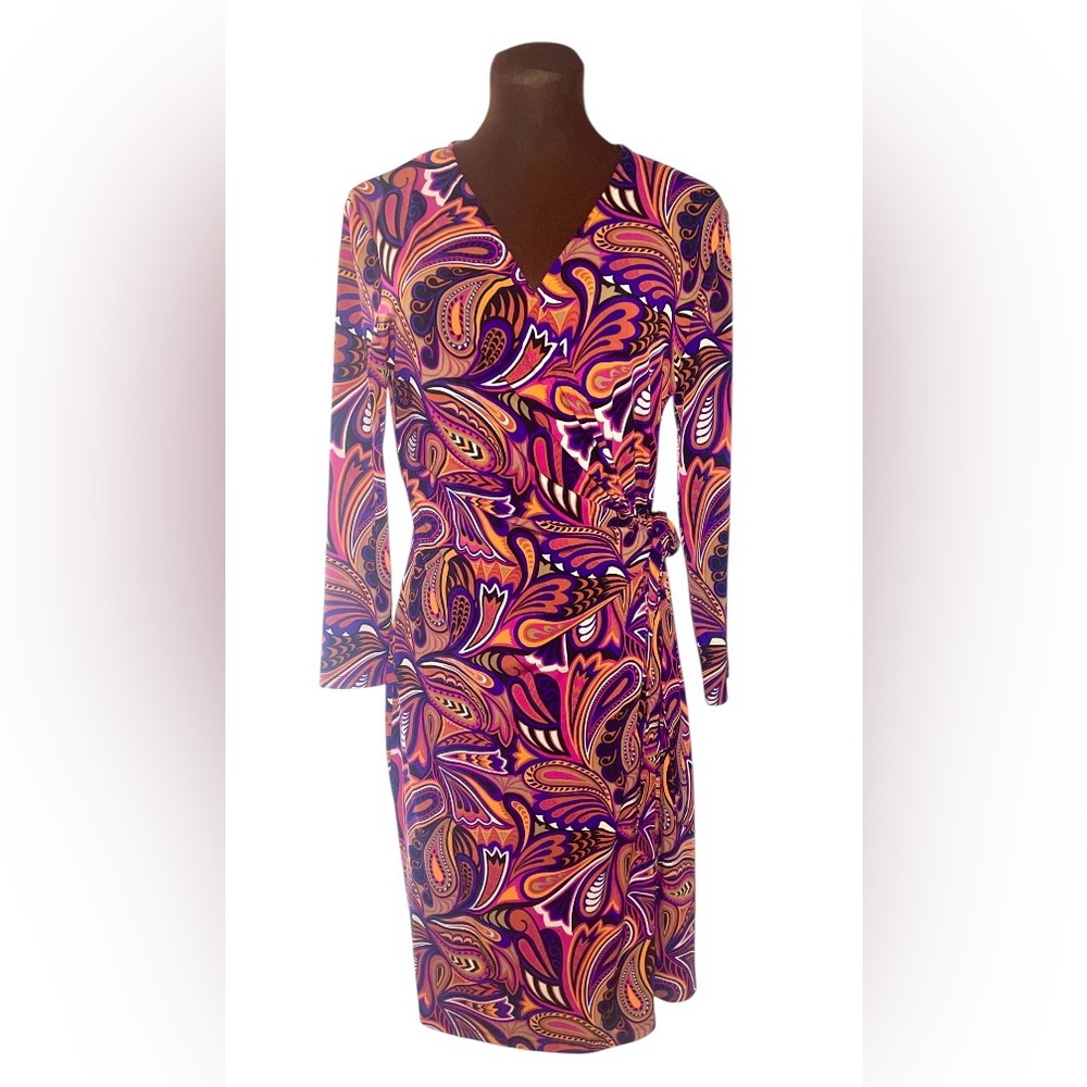ANNE KLEIN Vivid Multicolor Paisley Long Sleeve Wrap Dress Size 10